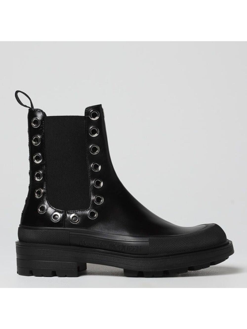 Alexander McQueen Leather Grommets Eyelet Details Stack Chelsea‎ Boots Size 42.5